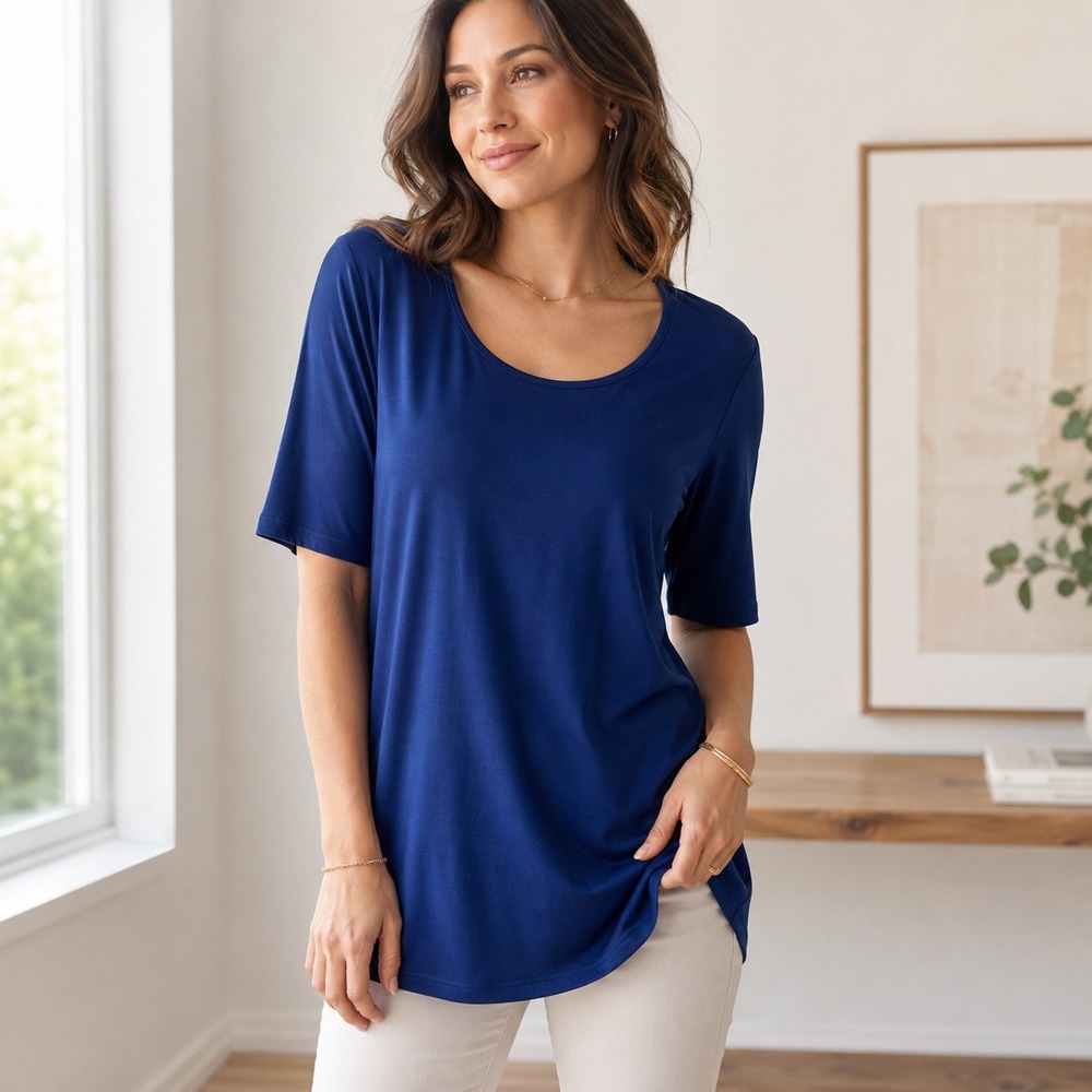 Susan Graver Modern Essentials Cobalt Blue Elbow Sleeve Scoop Neck Top Size S